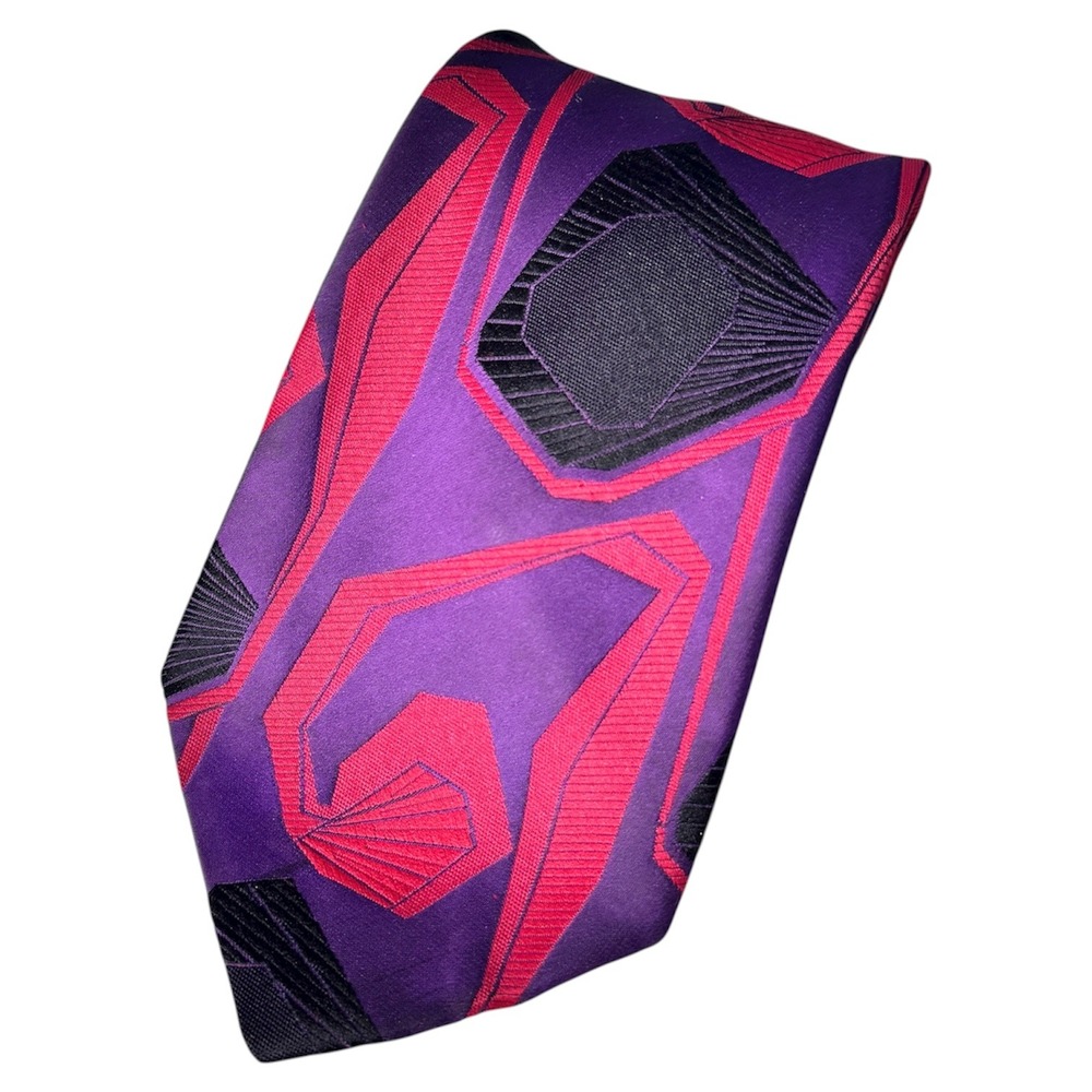Oleg Cassini Mens Silk Purple Red Black Geometric Design Necktie‎
